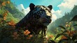 Illustration of black panther in the jungle. Head portrait side profile view.
