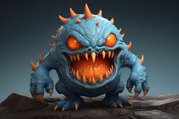 Canvas Print - A picture of detailed blue slime monster with a scary smile.