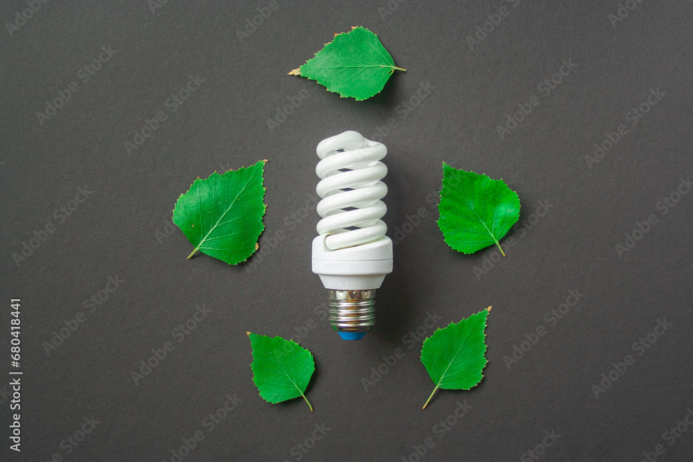 Light bulb with green leaves on black background. Green Energy Concepts ...
