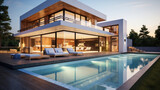 Fototapeta  - Modern villa with pool and deck with interior