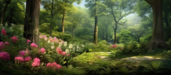 In the midst of a lush green forest, a beautiful garden bloomed with vibrant flowers, their delicate petals showcasing the exquisite textures of summer nature. The swaying trees gracefully danced
