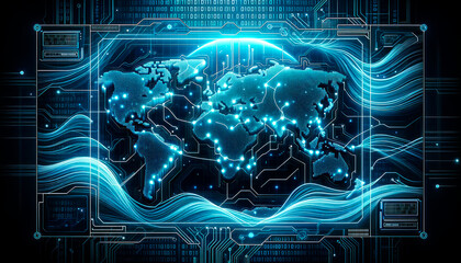 Poster - Digital world map with circuit lines on blue background. Technology infrastructure concept. Generative AI