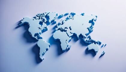 Poster - Layered 3D world map in varying shades of blue, casting soft shadows. Digital cartography concept. Generative AI