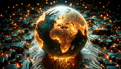 Poster - Glowing digital globe on a motherboard illustrating global tech and connectivity. Generative AI