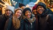 group of men and women travel together attend winter festival at night time, fun and happy time with bokeh light, divers people friendship,  Generative Ai