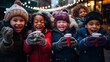 kids laughing together at winter festival, drinking hot beverage together, Generative Ai