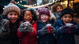 Fototapeta  - kids laughing together at winter festival, drinking hot beverage together, Generative Ai