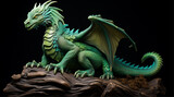 Fototapeta Konie - a green figurine of a dragon sitting on log, 2024 New Year dragon symbol Chinese New Year