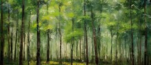 In The Idyllic Summer Landscape, The Verdant Forest With Its Lush Green Leaves Stood Tall, Their Abstract Patterns Forming A Harmonious, Textured Backdrop Against The Rustic Wood Of The Trees