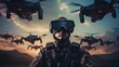 A hightech military drone piloted by a focused soldier wearing advanced virtual reality (VR) glasses, engaged in a critical mission.