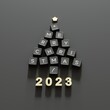 Christmas Tree Symbol made by black color Computer keys cap on black background. Minimal Christmas idea concept flat lay 2023 . 3D Rendering