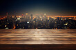 Wooden table against a night city view in blur. Mockup, product montage, copy space