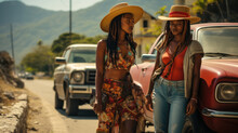 Two Girlfriends Walk Along The Road In The Caribbean Islands
