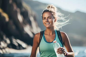 Beautiful girl with a bottle of mineral water while exercising, on the background of mountain landscape in blurring