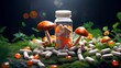 An array of various prescription pills, capsules, and tablets infused with medicinal mushroom extracts, showcasing a blend of modern pharmaceuticals and natural therapy ingredients for medical use.