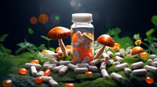 An Array Of Various Prescription Pills, Capsules, And Tablets Infused With Medicinal Mushroom Extracts, Showcasing A Blend Of Modern Pharmaceuticals And Natural Therapy Ingredients For Medical Use.