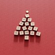 Christmas Tree Symbol made by golden Computer keys cap on red color background. Minimal Christmas idea concept flat lay. 3D Rendering
