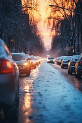 Wall Mural - Dynamic shot of a car maneuvering in winter city traffic after snow by Generative AI