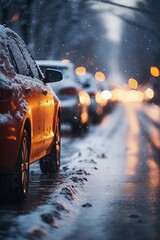 Wall Mural - Dynamic shot of a car maneuvering in winter city traffic after snow by Generative AI