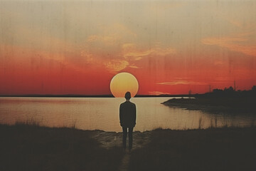 Surreal landscape collage illustration with red sun, forest, trees, mountains, water and dark human figure silhouette. Abstract and surreal style. Grunge, halftone and glitch pattern combination
