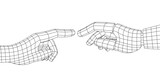 Fototapeta  - The robot and human hand touch each other. Two hands in form of polygonal mesh, wireframe.