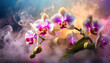 Close-up of orchid flowers, colored, abstract background with orchids, surrounded by beautiful colored smoke, with shallow depth of field.