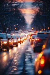 Wall Mural - Dynamic shot - top view of a car maneuvering in winter city traffic after snow by Generative AI