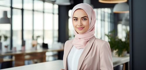 Pretty calm young muslim woman in business center, portrait of successful businesswoman in pink headscarf. 