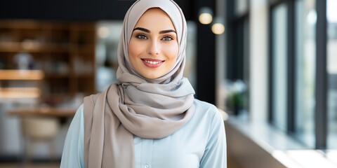 Pretty calm young muslim woman in business center, portrait of successful businesswoman in grey headscarf. 