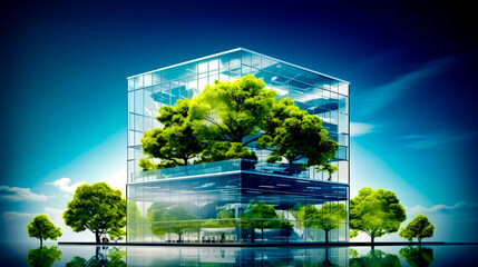 Wall Mural - Glass building with tree growing on it's side in the middle of lake.