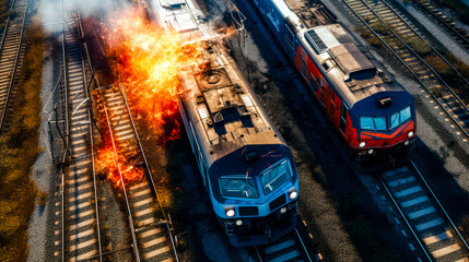 Sticker - Train on train track with lot of fire coming out of it.