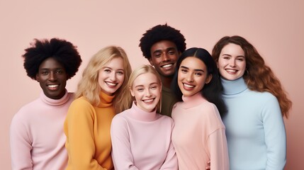 Wall Mural - A joyful assembly of multicultural friends laughing and embracing, showcasing the beauty of diversity, unity, and strong friendship among young adults.