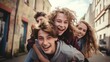 © TensorSpark - A group of cheerful diverse teenage friends enjoying a playful moment outside their school, with one giving another a piggyback ride, embodying the spirit of unity and strong friendship.