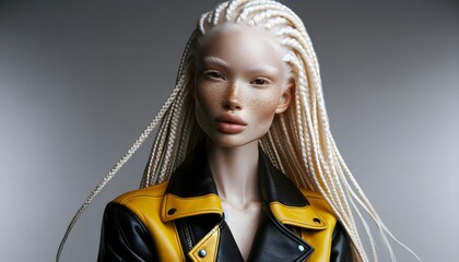 An elegant albino woman wearing a leather jacket and her hair styled in braids