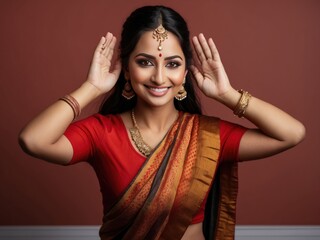 Wall Mural - Young smiling beautiful woman on red background