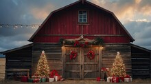 Outdoor Barn Decorated For Christmas Digital Backdrop