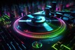 A close-up photograph of a DJ's turntable with vibrant neon lights. Perfect for music-related projects and events