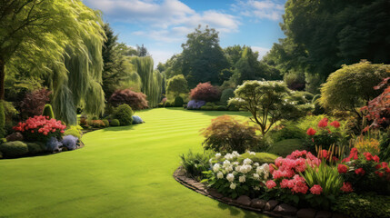 front yard, landscape design with multicolored shrubs intersecting with bright green lawns behind th