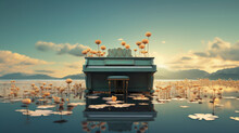 3d Render Of Piano With Lotus Flowers In The Lake. 