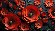 Red poppies on black background. Remembrance Day, Armistice Day, Anzac day symbol. Empty space in the middle for text. Paper cut art style. 