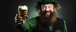 St Patrick's Day celebration, Leprechaun man in green hat holding a mug of beer. invitation to a St Patrick's Day party Generative ai