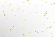 Confetti explosion on transparent background. Shiny golden paper pieces flying and spreading. small and big ribbons. curved. vector illustration