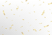 Confetti Explosion On Transparent Background. Shiny Golden Paper Pieces Flying And Spreading. Small And Big Ribbons. Curved. Vector Illustration