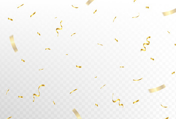 Confetti explosion on transparent background. Shiny golden paper pieces flying and spreading. small and big ribbons. curved. vector illustration