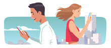 Woman, Man Using Mobile Cell Phones In City. Young Person Characters Holding Smartphones Surfing On Internet, Communicating Online. Technology, Gadget Addiction, Communication Flat Vector Illustration