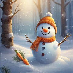 Wall Mural - 3D drawing of a cute snowman in a hat with a pompom and an orange scarf against the background of a snowy forest, in a snowdrift there is a supply of carrots. on a sunny day