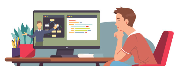 Student man studying online watching programming lecture on desktop computer. Person learning coding by video call webinar at home. Distance web development education concept flat vector illustration