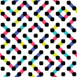 Seamless technical pattern of geometric dots and colored metaball lines
