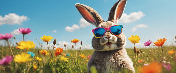 Wall Mural - Adorable bunny wearing sunglasses in a colorful spring meadow