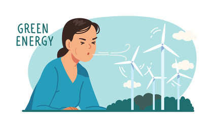 Woman blowing at wind turbines generating energy. Person saving nature using renewable green power sustainable technology. Environment protection, ecology conservation concept flat vector illustration